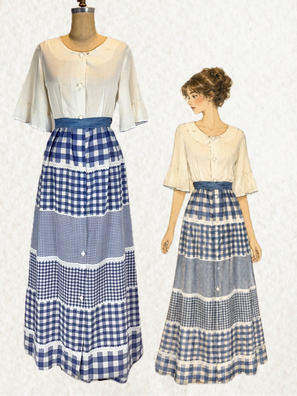 VINTAGE picnic gingham check long maxi dress button front blue white prairie 70s